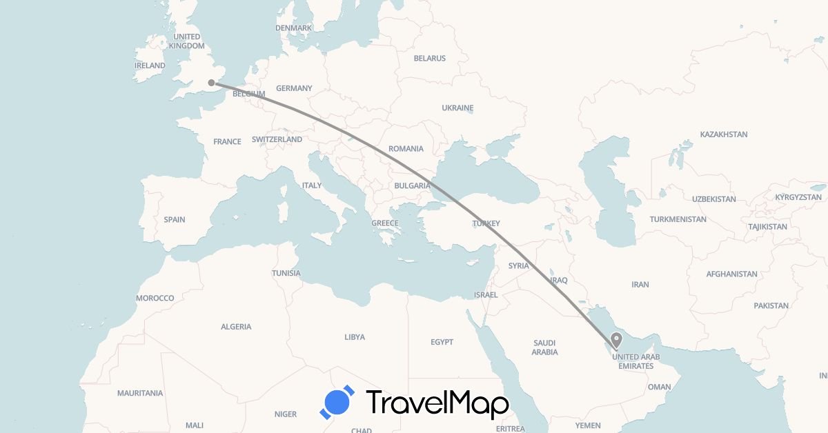 TravelMap itinerary: driving, plane in United Kingdom, Qatar (Asia, Europe)